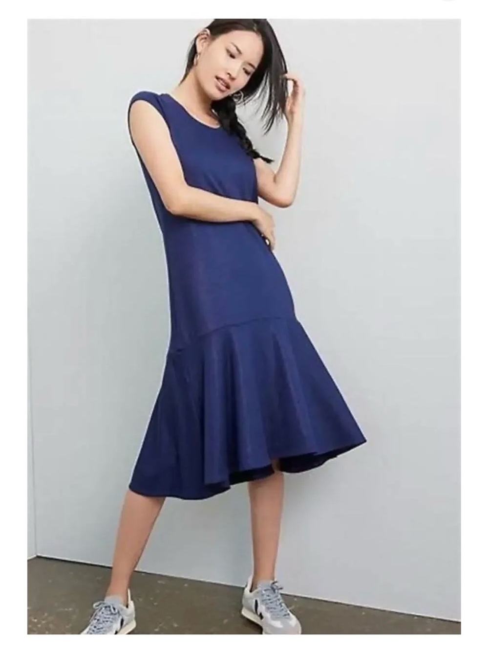 Maeve Navy Shimmer Cap-Sleeve Midi Dress with Flounce Hem Large Petite